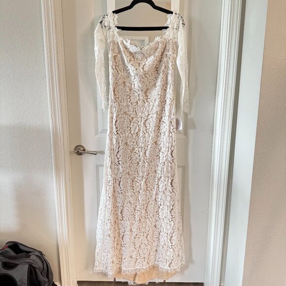 LULU’S Lace Sheath Off-White Floor length Off The Shoulder Wedding Dress, NWT! - Picture 2 of 7